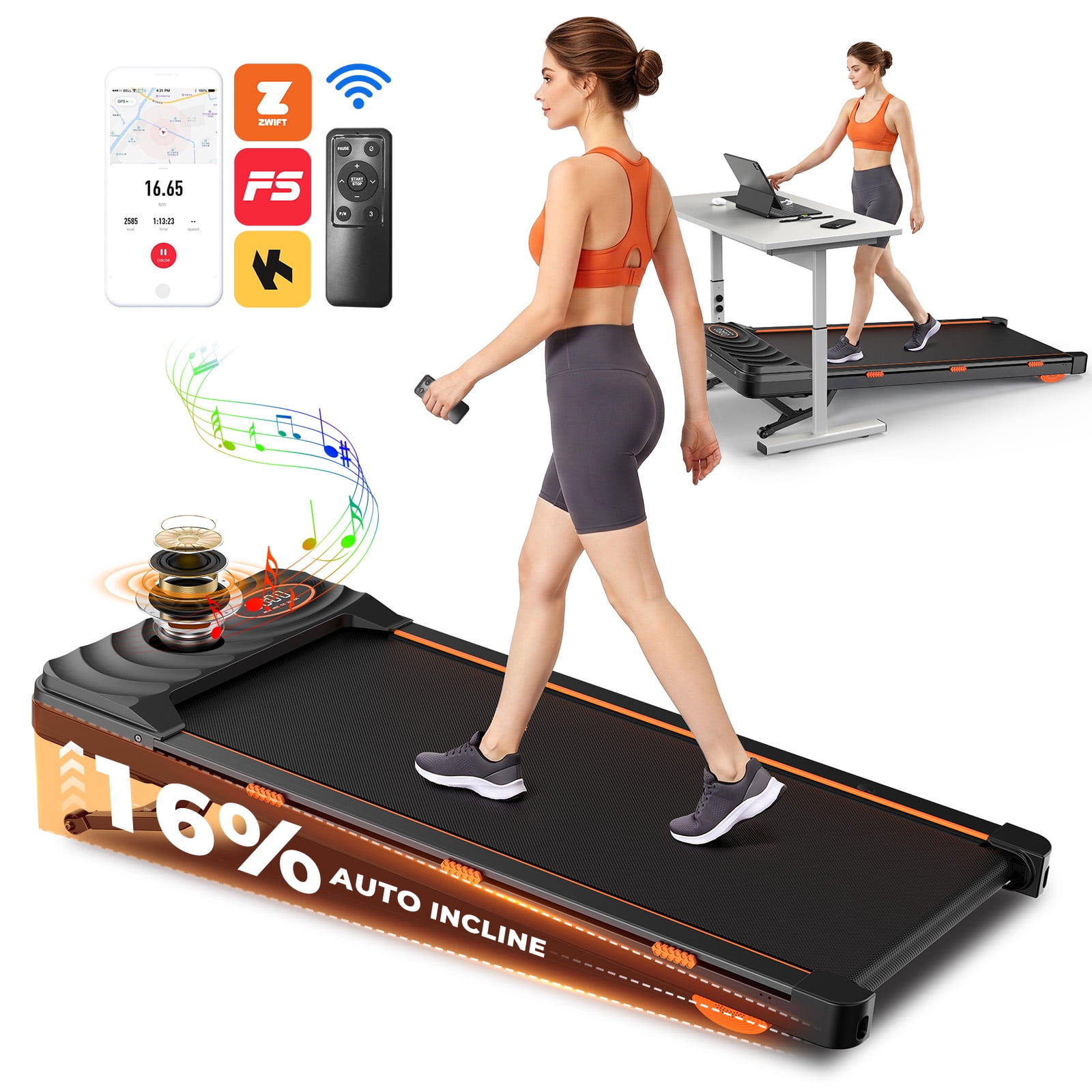 Walking Pad with 12-Level Auto Incline, 4 MPH Under Desk Treadmill, 2.5HP Motor, 16% Incline, APP & LED Display, 300 LBS Capacity for Home Office, Orange