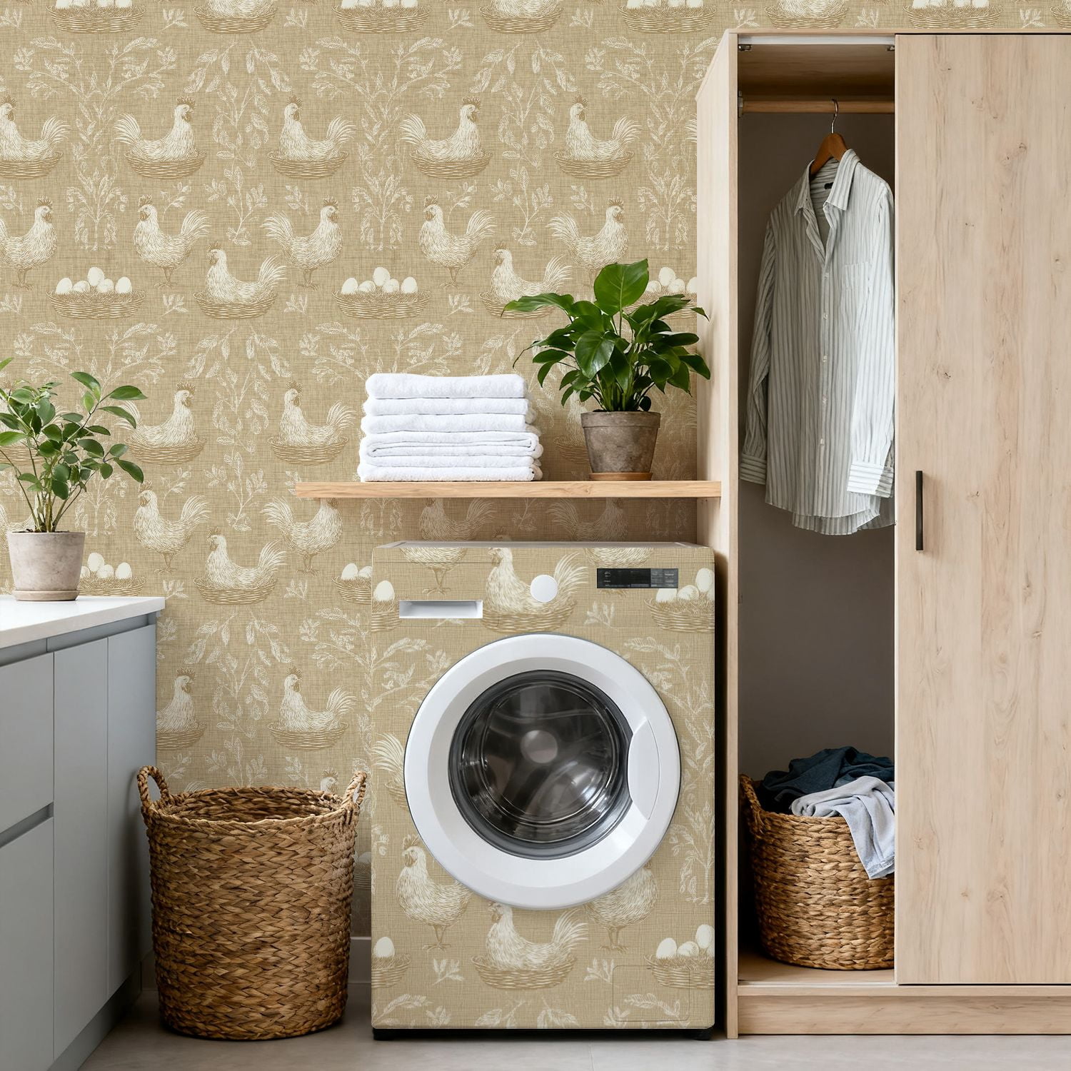 Peel and Stick Wallpaper 17.7in x 9.8ft Rustic Farmhouse Chicken Nesting Neutral Beige Contact Paper Vinyl Waterproof Self Adhesive Wall Paper for Bedroom Shelf Cabinet Renter Friendly