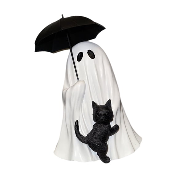 Horror Resins Ghostly and Black Cats Statue with Umbrella Figurine Halloween Home Decors For Party Shelf Desktop Display