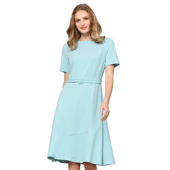 DARING DIVA Women's A Line Short Sleeve Crew Neck Ruffle Flare Work Dress S Light Blue