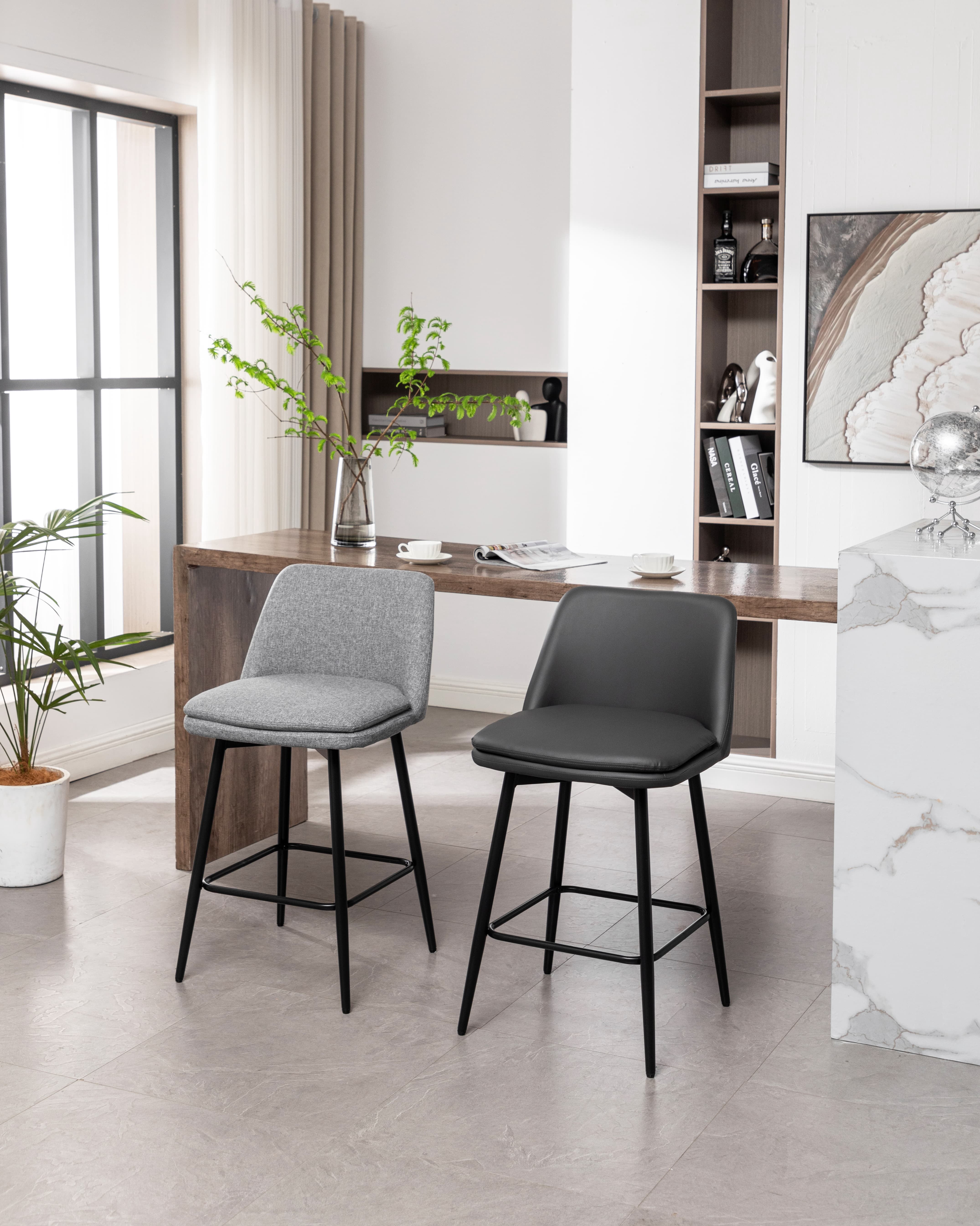 MAYEERTY Counter Height Swivel Bar Stools Set of 2 360° Swivel Upholstered 25.6 Seat Height Faux Leather Gray Kitchen Island Pub