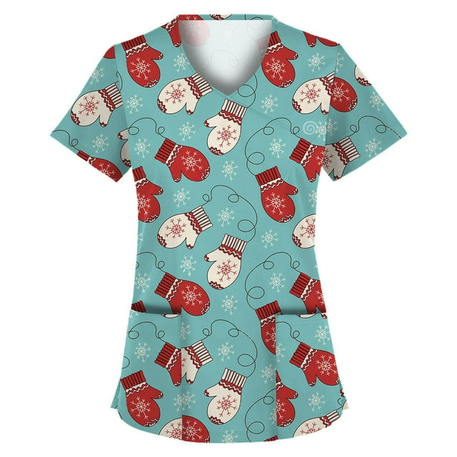 Christmas Scrub Tops Women 2022 Christmas Print Workwear Scrubs Short