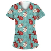 TopLLC Womens Plus Size Scrubs Christmas Blouse For Women,Women Uniform Working Clothing Christmas Print V-Neck Short Sleeve Tops With Pocket Casual Nurse Shirts Scrubs on Clearance