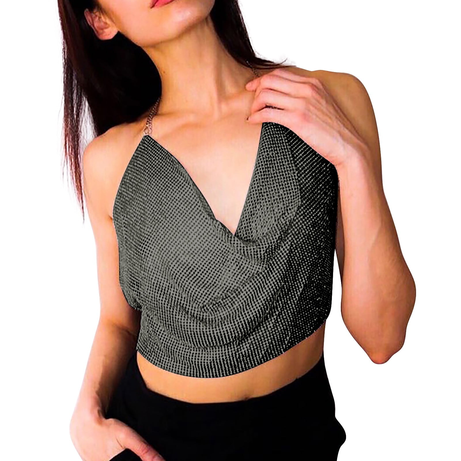 Women Shiny Rhinestone Halter Top Tank Top Sexy Halter Neck