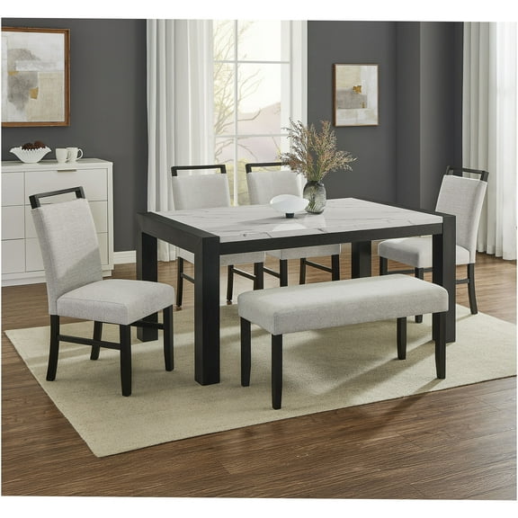 JERFIT 6-Piece Modern Dining Set with Faux Marble Table, Upholstered Chairs and Bench for Dining Room