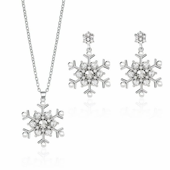 Midir&Etain Fashion Snowflake Bling Jewelry Set Womens Holiday Party Snowflake Pendant Necklace & Earrings Set Clear 18K White Glod Plated Gift Christmas For Her/Wife/Mom