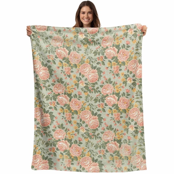 Pink Rose Blanket Soft Cozy Warm Twin Blanket for Bed, Plush Fuzzy Flannel Fleece Blankets for Sofa, Romantic Botanical Floral Flowers Leaves Throw Blankets for Couch, Gifts for Men, 60"x80"