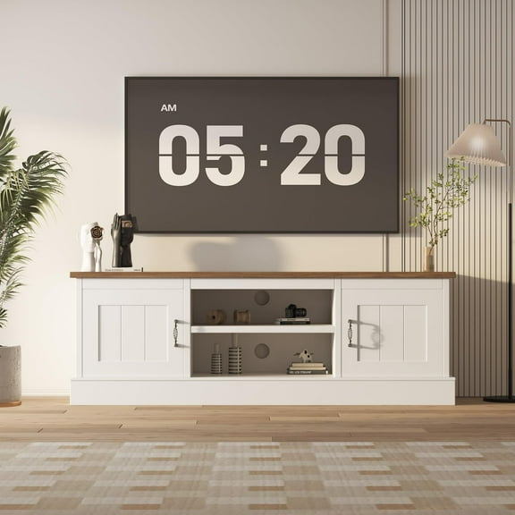 Farmhouse TV Stand for 65 Inch TVs, Rustic Wood Grain Media Console with Storage Cabinets, 64 inch Long Entertainment Center for Living Room,White and Brown