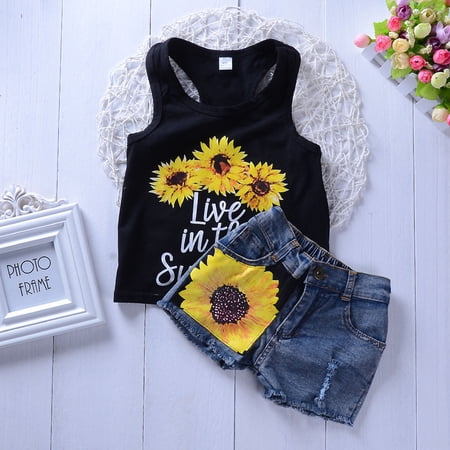 

Sunflower Children s Clothes Summer Girls Printed Vest Denim Shorts Suit Tops Floral Suspenders Shorts Headbands Outfits