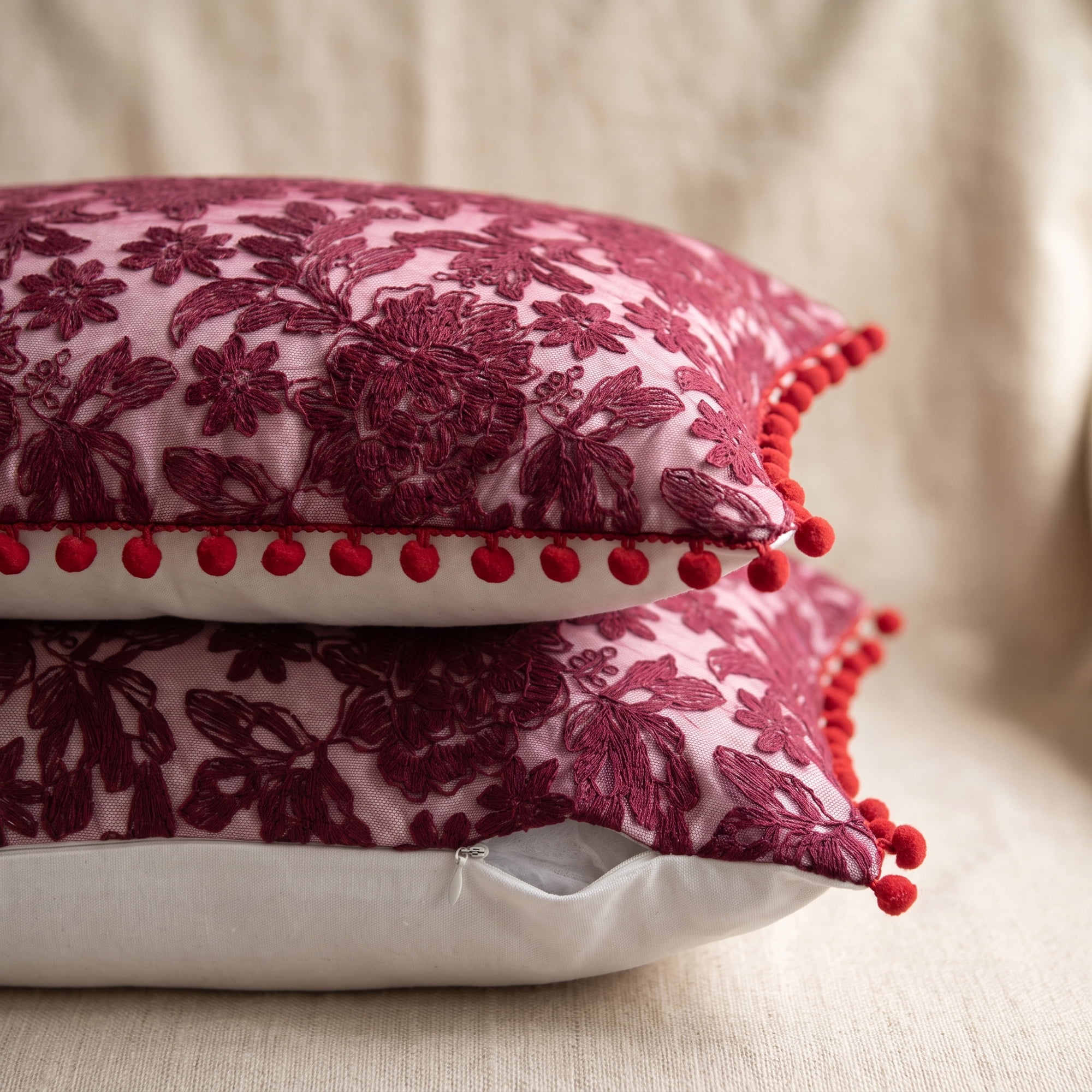 Unique Bargains Elegant Vintage Floral Throw Pom-Pom Pillow Covers Red 20" x 12"