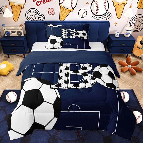 Erosebridal B Letter Twin Comforter Sets for Kids, Football Sport Bedding Set, Blue Reversible, 2pcs