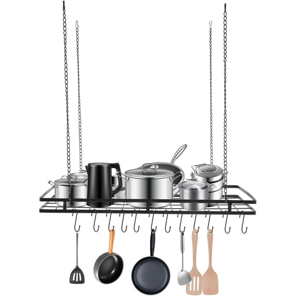 Miumaeov Black Ceiling Pot Rack and Pan Rack for Ceiling with 12 Hooks Storage Rack Multi-Purpose Organizer for Kitchen Home Restaurant