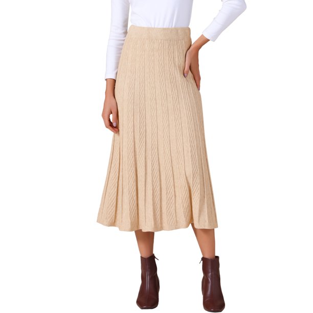 Faldas midi de punto de cintura alta en línea A vintage casual para mujer INSPIRE CHIC XL caqui