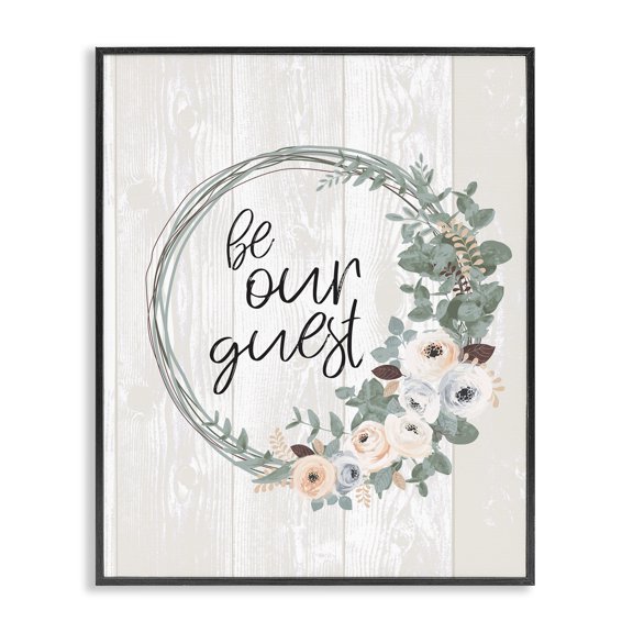 Stupell Industries Shabby Chic Be Our Guest Greeting Charming Floral Wreath Black Framed Giclee Art, 11 x 14, by Jennifer Ellory