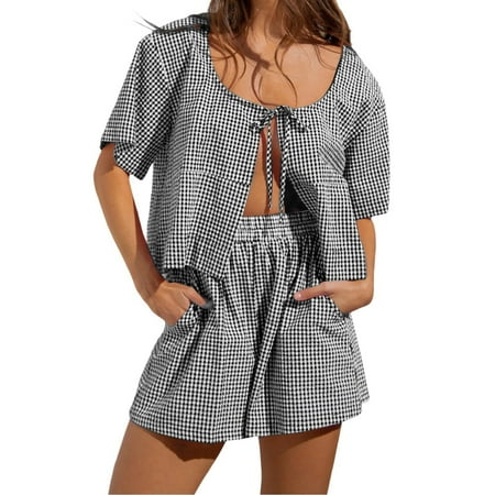 DondPO Womens Pajama Sets Women Tie Front 2 Shorts Set Plaid Puff Sleeve Peplum Shirt Ruffle Hem Pajama Set Striped Outfit Silk Pajamas For Women Womens Loungewear Set Black S Clearance