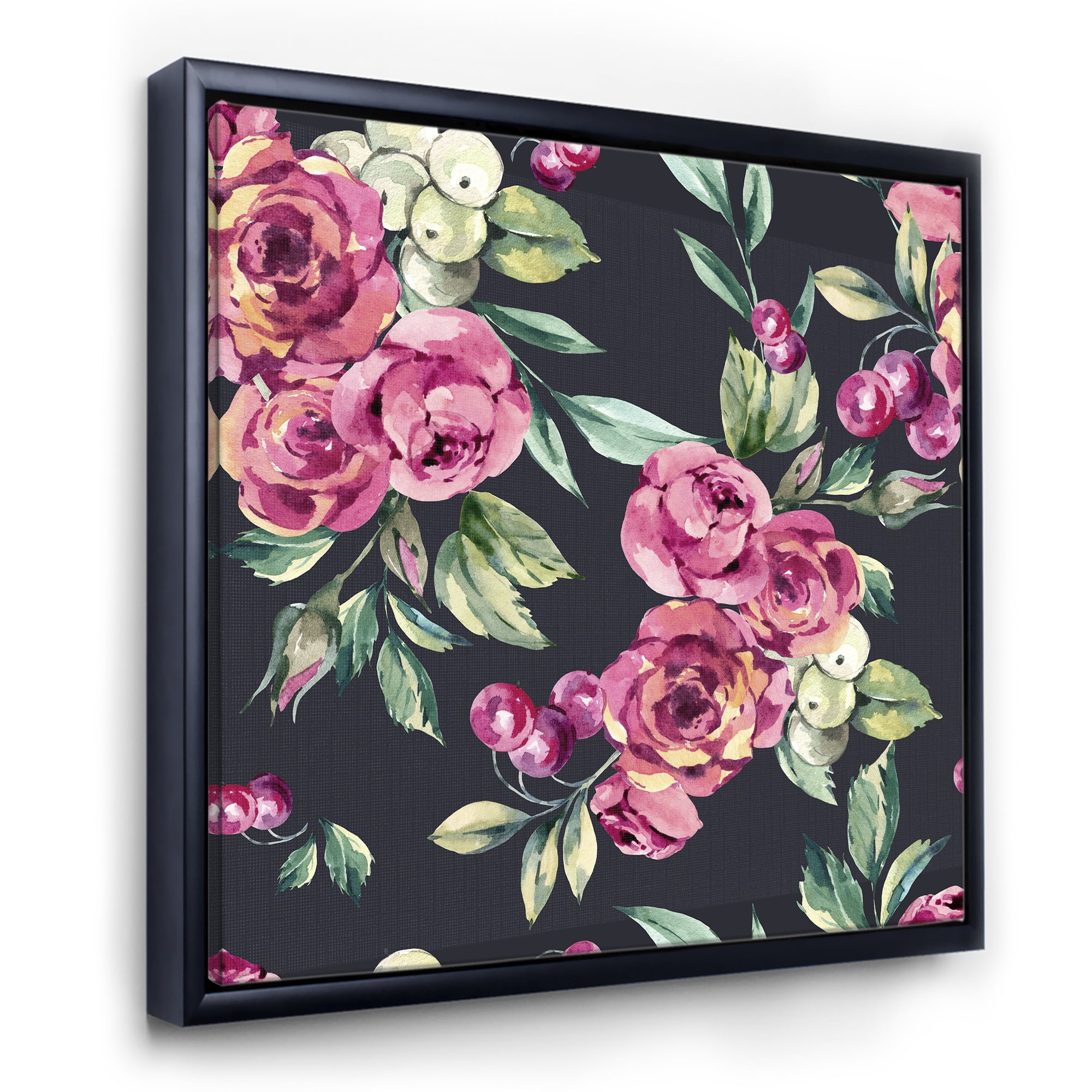 Designart 'Red VIntage Roses and Berries On Black Background' Farmhouse Framed Canvas Wall Art Print