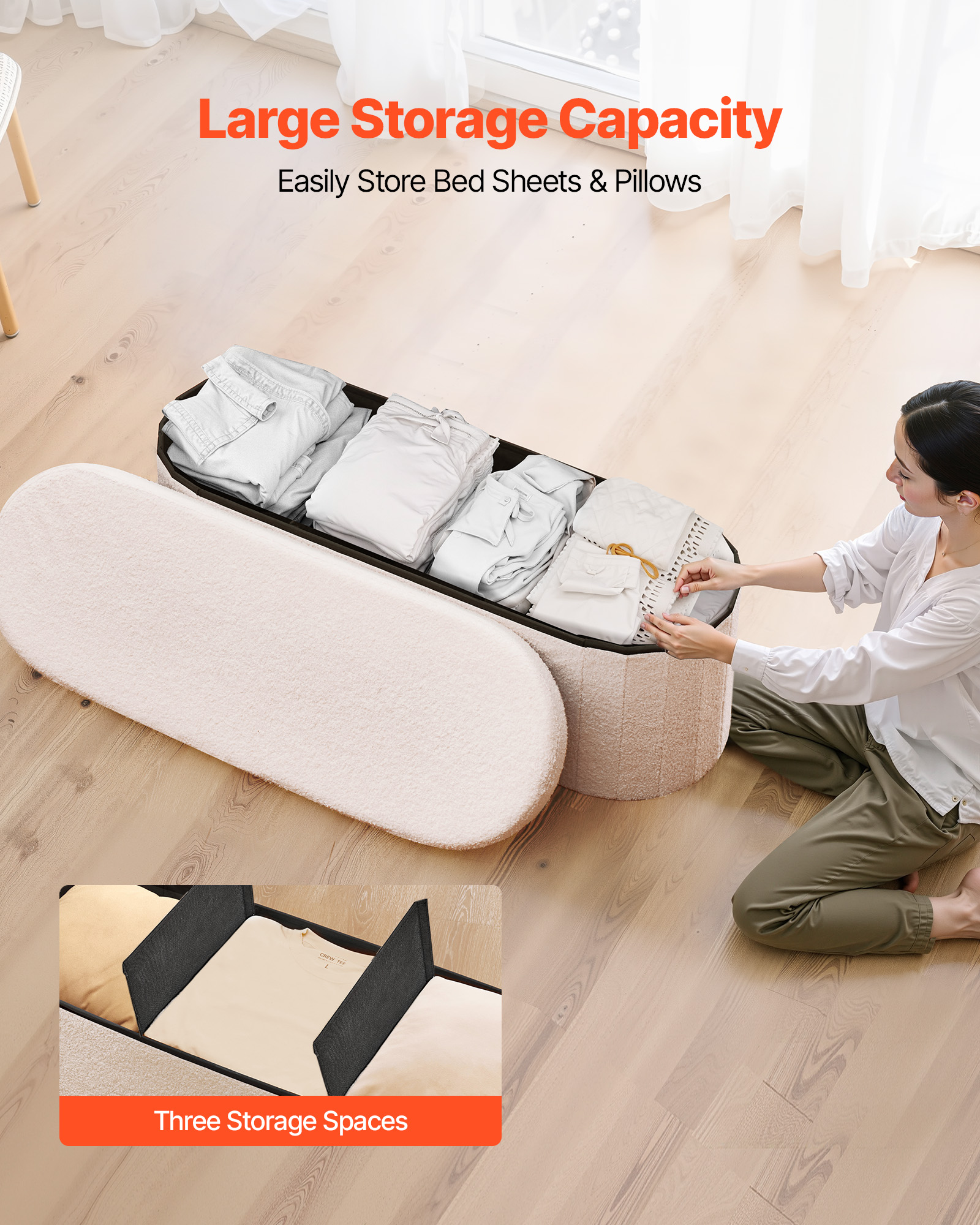 VEVOR Oval Storage Ottoman Bench, Foldable Teddy Fleece End of Bed Bench, Folding Upholstered Bed Ottoman Chest with Large Storage Space, Supports 660 lbs, for Living Room, Bedroom, Entryway, Beige