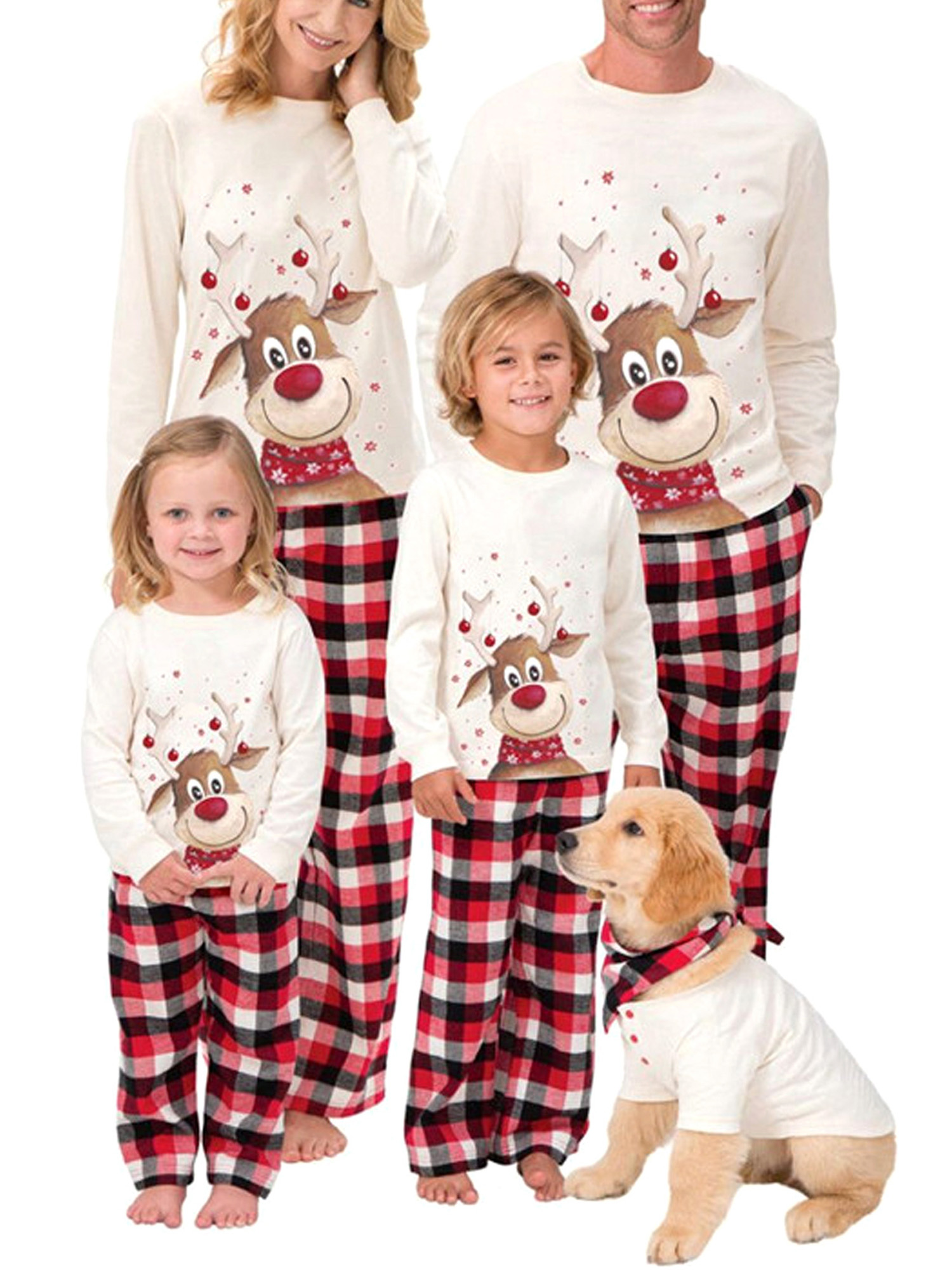 Matching Family Christmas Pajamas Sets Xmas PJs with Deer Long Sleeve Tee Top and Classic Plaid Pants Loungewear Sleepwear