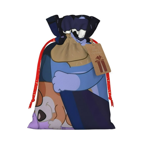 Masiiu Bluey Print Christmas Gift Bag, Burlap Drawstring Pouch with Kraft Paper Card for Holiday, Party, and Birthday Wrapping-Small