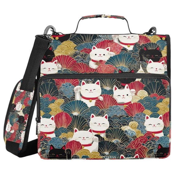 FORMRS Zipper Binder with Shoulder Strap 2-inch Ring 500 Sheet Capacity File Bag, Black Lucky Cat