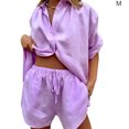thumbnail image 3 of Jumpingount Pantalones cortos de camisa para mujer, 2 uds., con solapa, parte de un solo pecho, pierna ancha conjuntos de ropa Púrpura M Jumpingount AP003185-06, 3 of 5