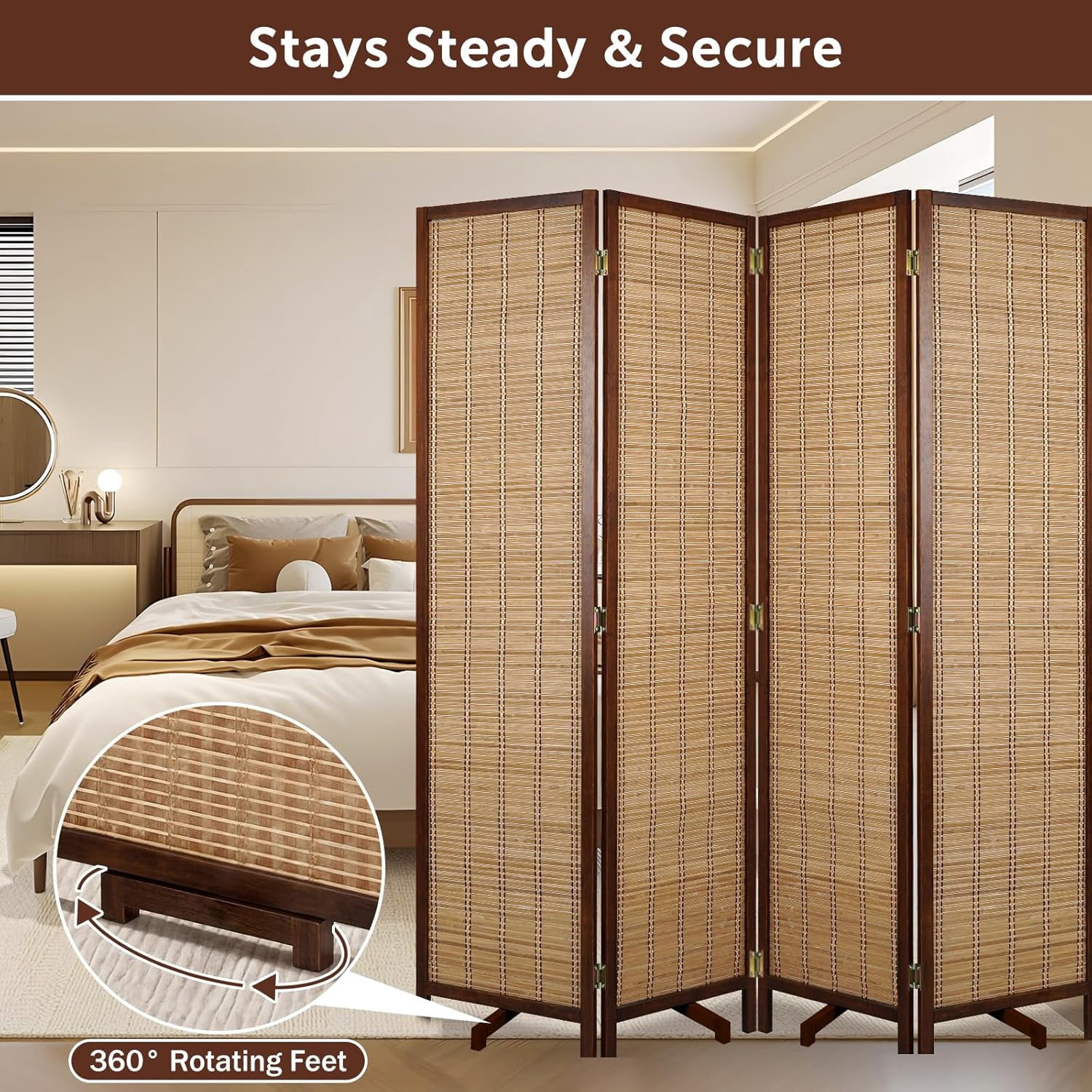 Olela Folding Bamboo Room Divider, 4 Panels Decorative Screens Wall Divider for Room Separation, 5.4ft Height Freestanding Privacy Partition for Living Room, Bedroom & Office, No Assembly