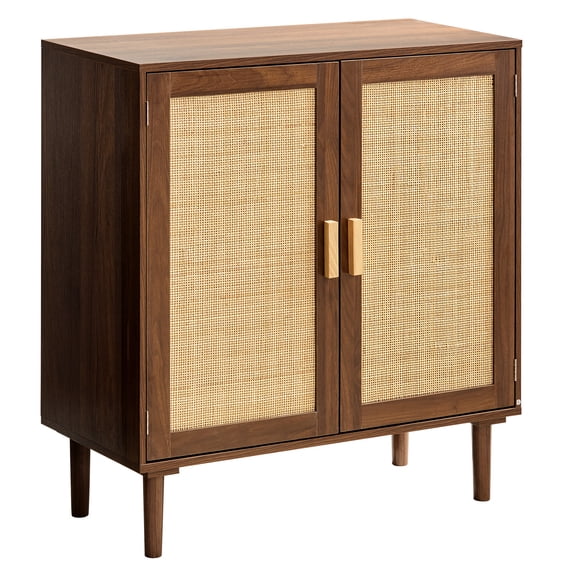 KFFKFF Rattan Storage Cabinet with Adjustable Shelves, Magnetic Doors, Wooden Legs, and Cable Management Hole for Hallway, Entryway, Living Room, or Kitchen, Khaki