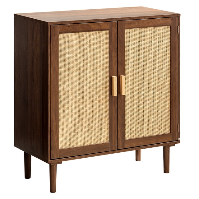 KFFKFF Armoire en Rotin, Armoire de Rangement en Rotin avec 2 Portes Magnétiques et Tablettes Ajustables, Buffet d'Appoint avec Pattes en Bois et Trou pour Cordon d'Alimentation pour Couloir, Kaki