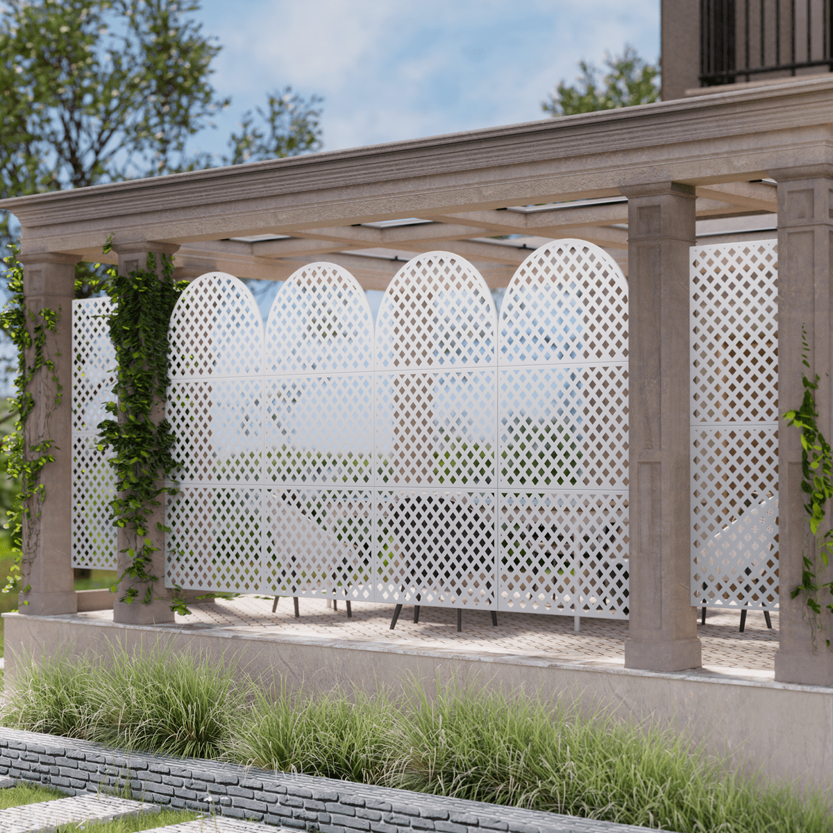 MAYEERTY 72"x35"x16" Outdoor Privacy Screen with Stand Metal Balcony Decorative Screen,White