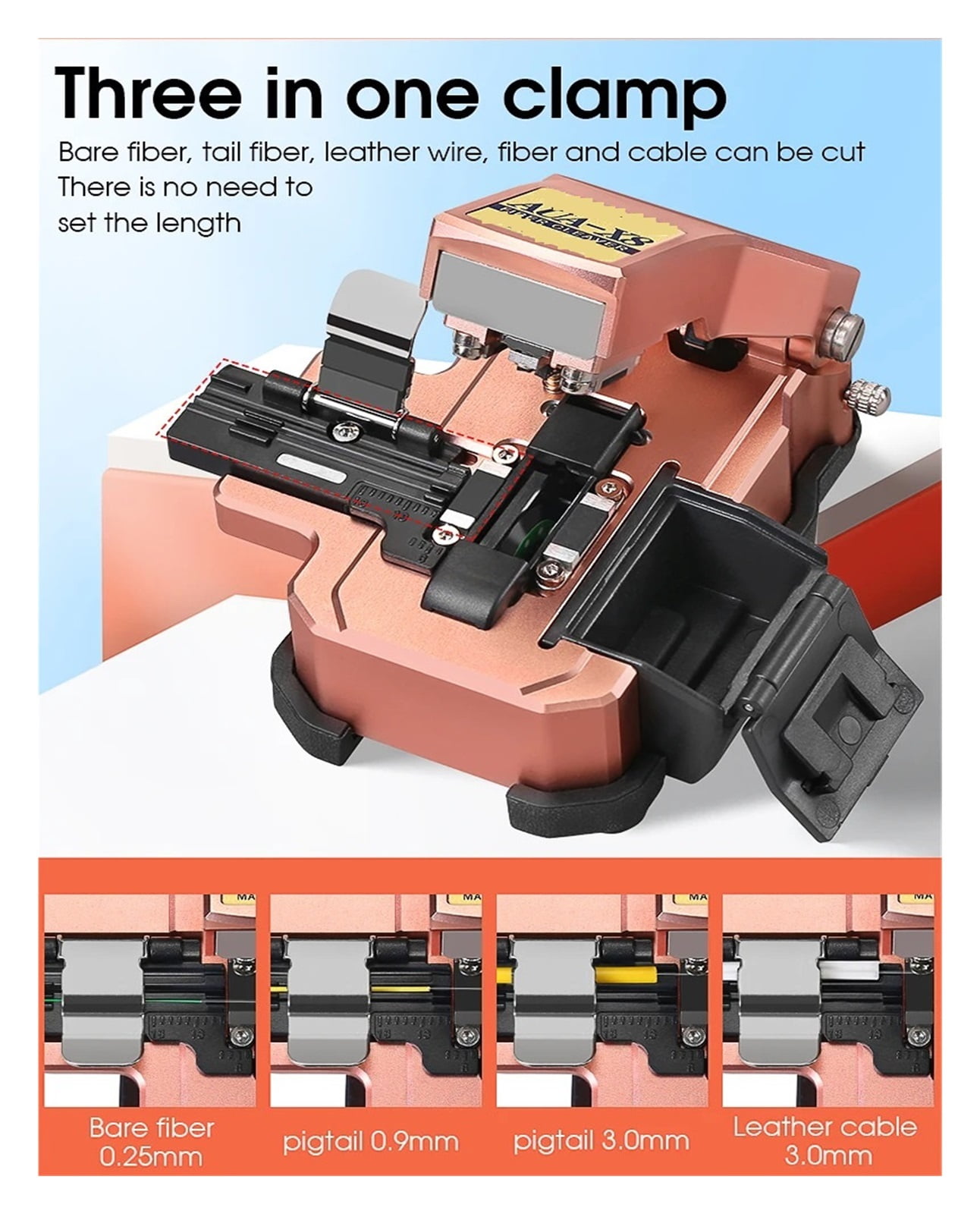 Fiber Cleaver AUA-X8 FTTH Cable Fiber Optic Cutting Knife With waste fiber box Three-in-one clamp slot 24 Surface Blade
--------
,High Precision Cleaves