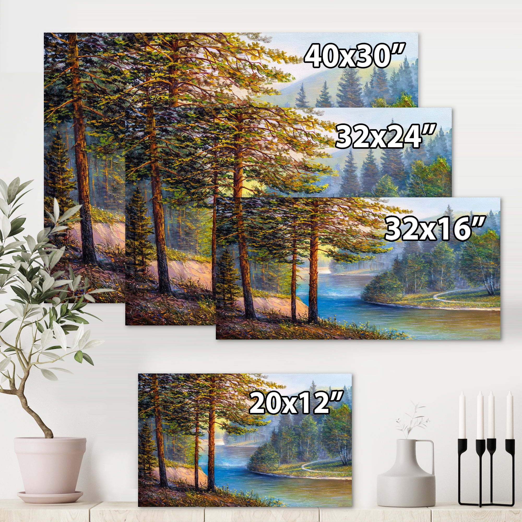Sunrise Glow Through The Pine & Fir Forest 8 in x 12 in Painting Canvas Art Print, by Designart