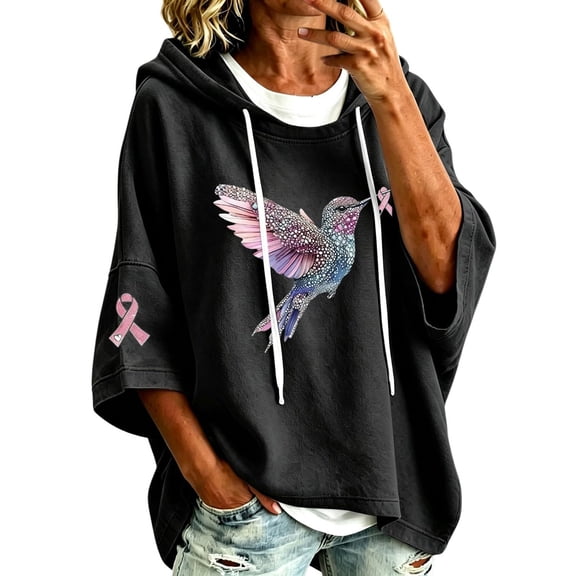 In October We Wear Pink Shirt 3/4 Sleeve Pink Ribbon Breast Cancer Awareness Tops Pink Ribbon Hummingbird Breast Cancer Print Hoodies