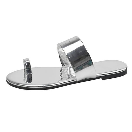 

dmqupv Womens Sandals Size 12 Flat Ladies Fashion Summer Solid Color Flip Flops Flat Casual Beach Crock Sandals Women Silver 8