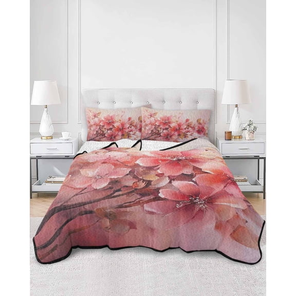 Quilts Twin Size, Flower Painted, Abstract Blush Pink Watercolor Soft Comforter Bedding Set for Bed, Lightweight Quilted Bedspread with Pillow Cover(2 Pieces) for All Season, 68x86 Inch