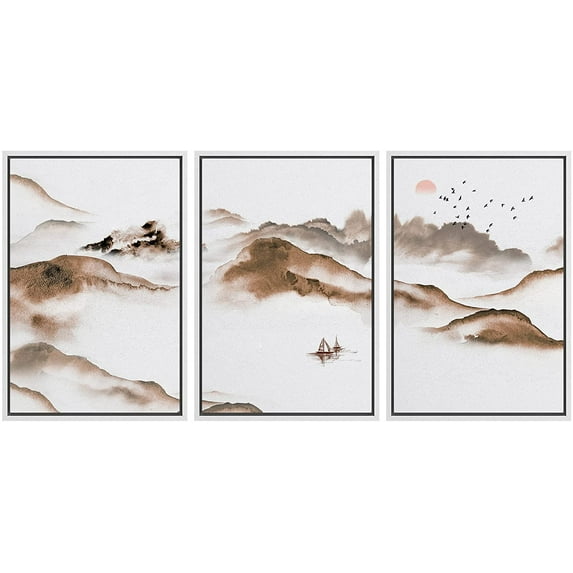 IDEA4WALL Framed Canvas Print Wall Art Set Pastel Watercolor Foggy Mountain Sea Nature Wilderness Modern Art Decorative Landscape Rustic for Living Room, Bedroom, Office - 24"x36"x3 White