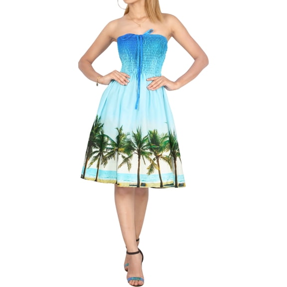 HAPPY BAY Women's Summer Boho Beach Strappy Smocked Mini Swing Dress Tube Top Strapless Dresses for Women One Size Aqua, Palm Trees