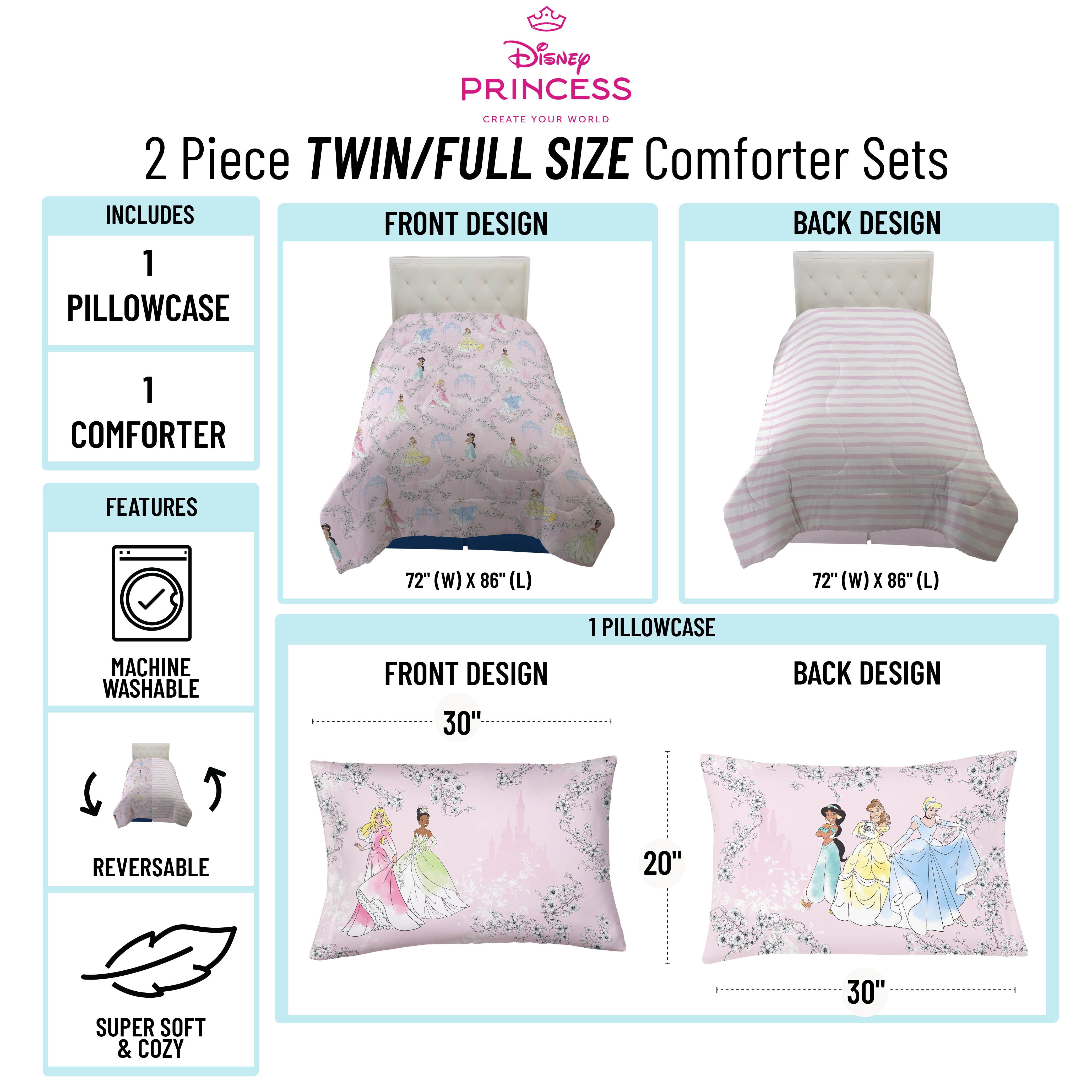 Princess Floral Gardens 2-Piece Twin/Full Reversible Comforter Set, Polyester Microfiber, Pink & White, Disney