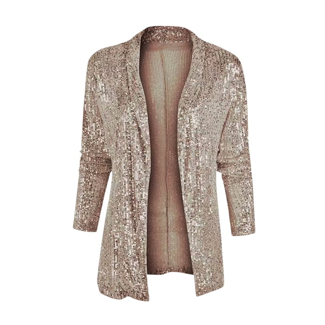 Chaqueta vaquera de manga larga sin capucha para mujer, cárdigan informal de moda, abrigo de lentejuelas de color liso de manga larga, top de poliéster para mujer