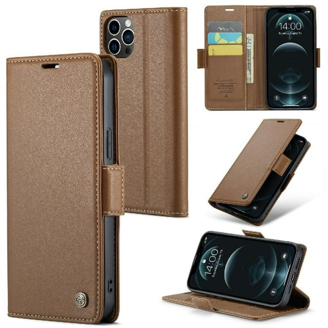 Funda tipo cartera iPhone 12 Pro Max con cierre magnético, RFID, tarjetero, soporte, carga inalámbrica