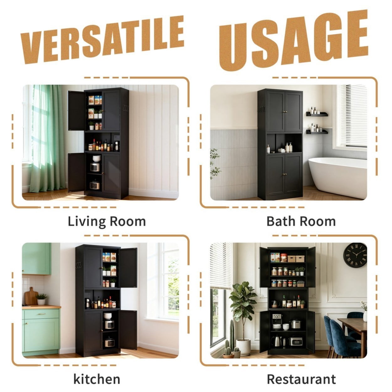 72" High Steel Kitchen Pantry Cabinet with Large Countertop, Heavy Duty Storage Organizer with Adjustable Shelves, Drawer & Hooks for Kitchen Bathroom Living Room, Black