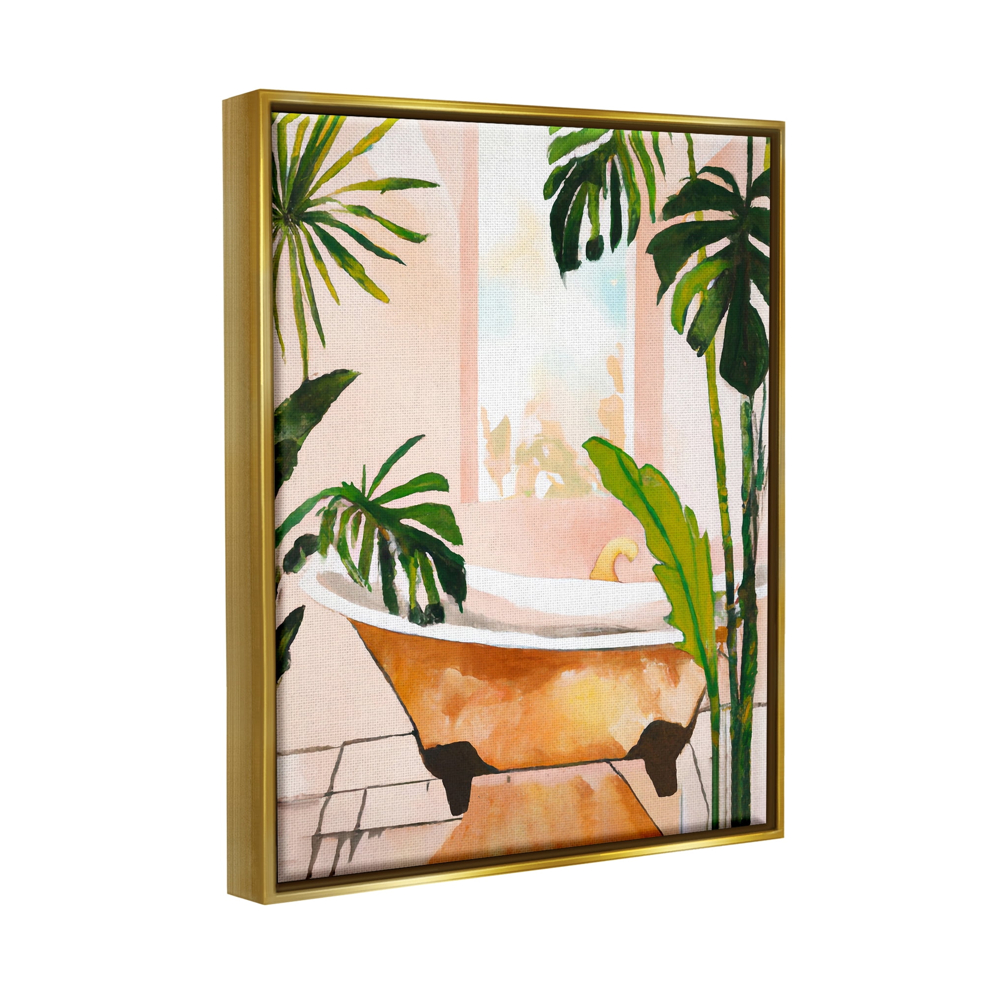 Stupell Industries Tropical Plants & Bathtub Botanical & Floral Painting Gold Floater Framed Canvas Art Print Wall Art, 25 x 31