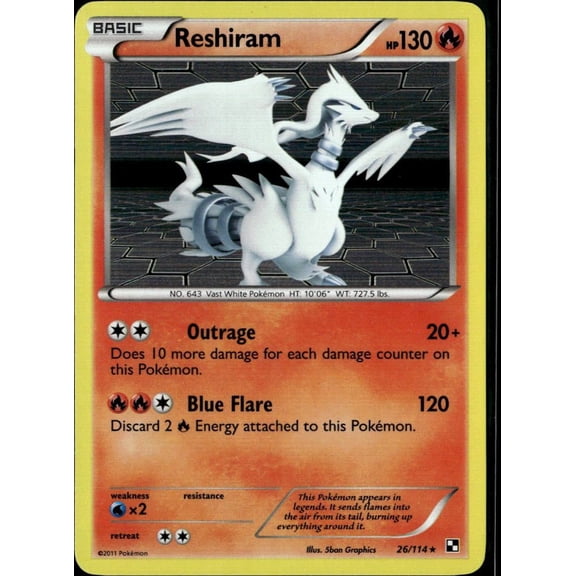 Collectible 2011 Black & White Reshiram Holo Rare #26/114 Pokemon Trading Card