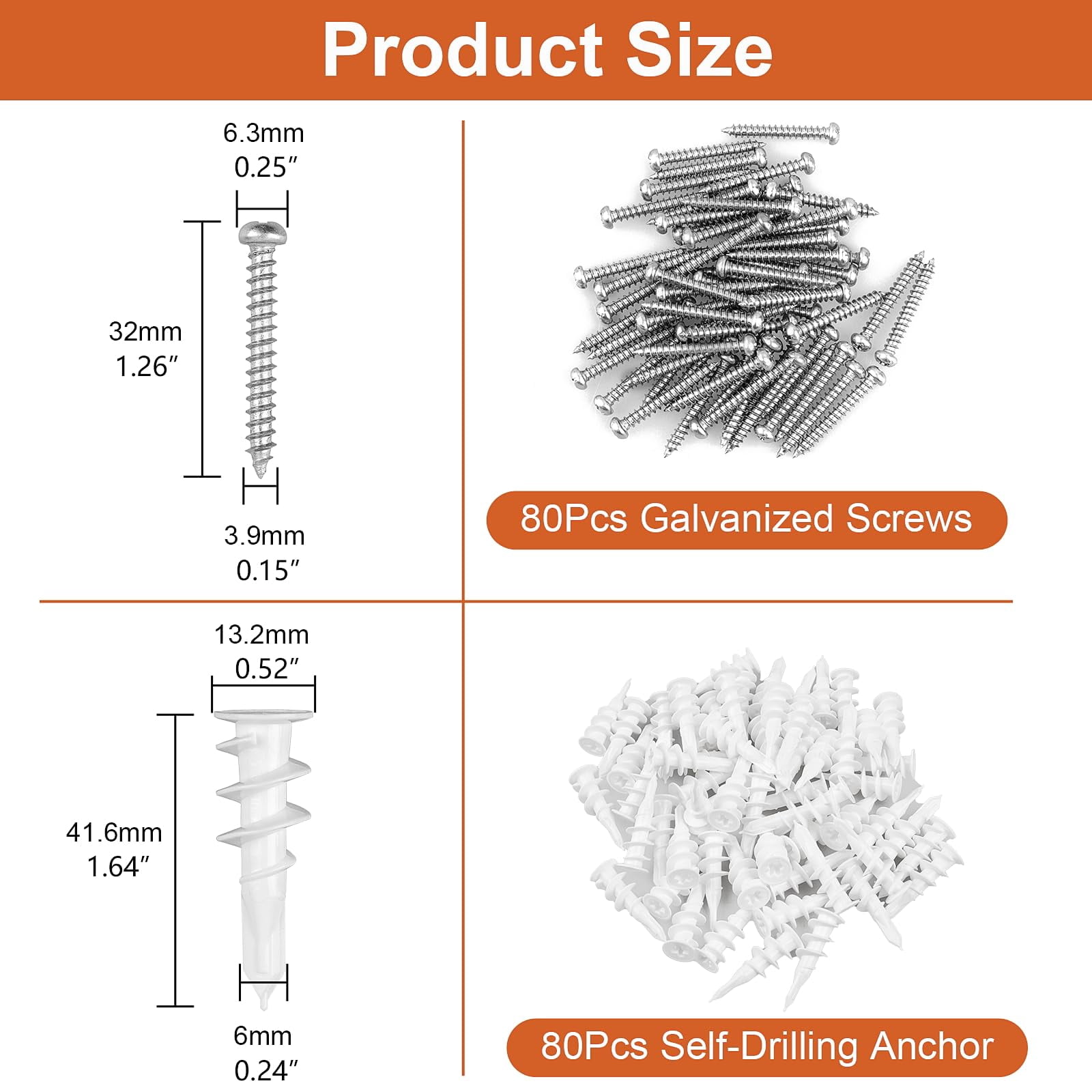 160pcs #8 Self Drilling Drywall Anchors, Premium Wall Anchors, Drywall Anchors and Screws Kit, 70lb Hanging and Mounting, 80 Self-Tapping/Threaded Plastic Sheetrock Anchors, 80#8x1-1/4 Screws