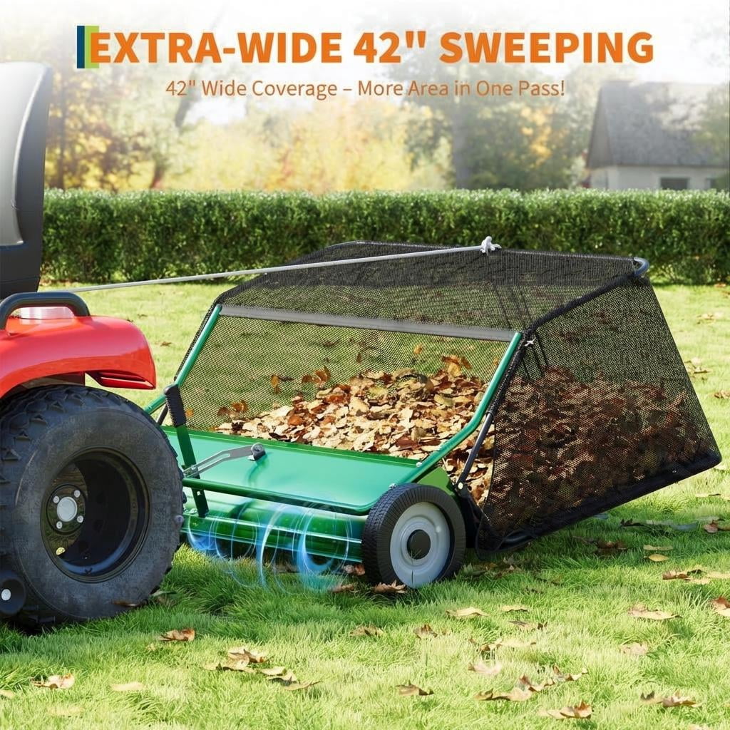Black Tow-Behind Leaf Collector, 48-Inch Lawn Sweeper with 26 Cubic Feet Hopper, 4 10-Inch Nylon Brushes for Leaves, Pine Needles, Pine Cones