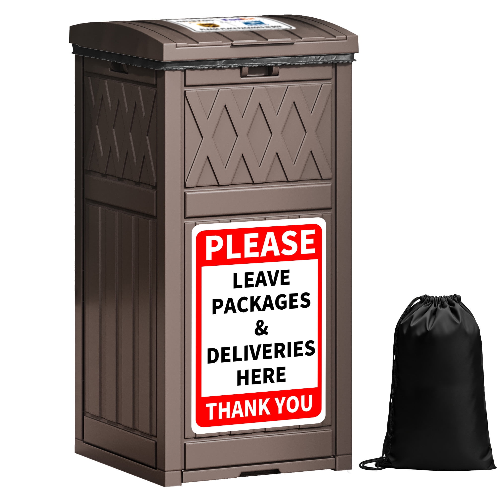 Uforic 31 Gallon Package Delivery Box with Lift-Out Bag, Waterproof Parcel Drop Box with Sign, Resin Outdoor Porch Package Container for Curbside, Patio and Yard Use, Dark Brown