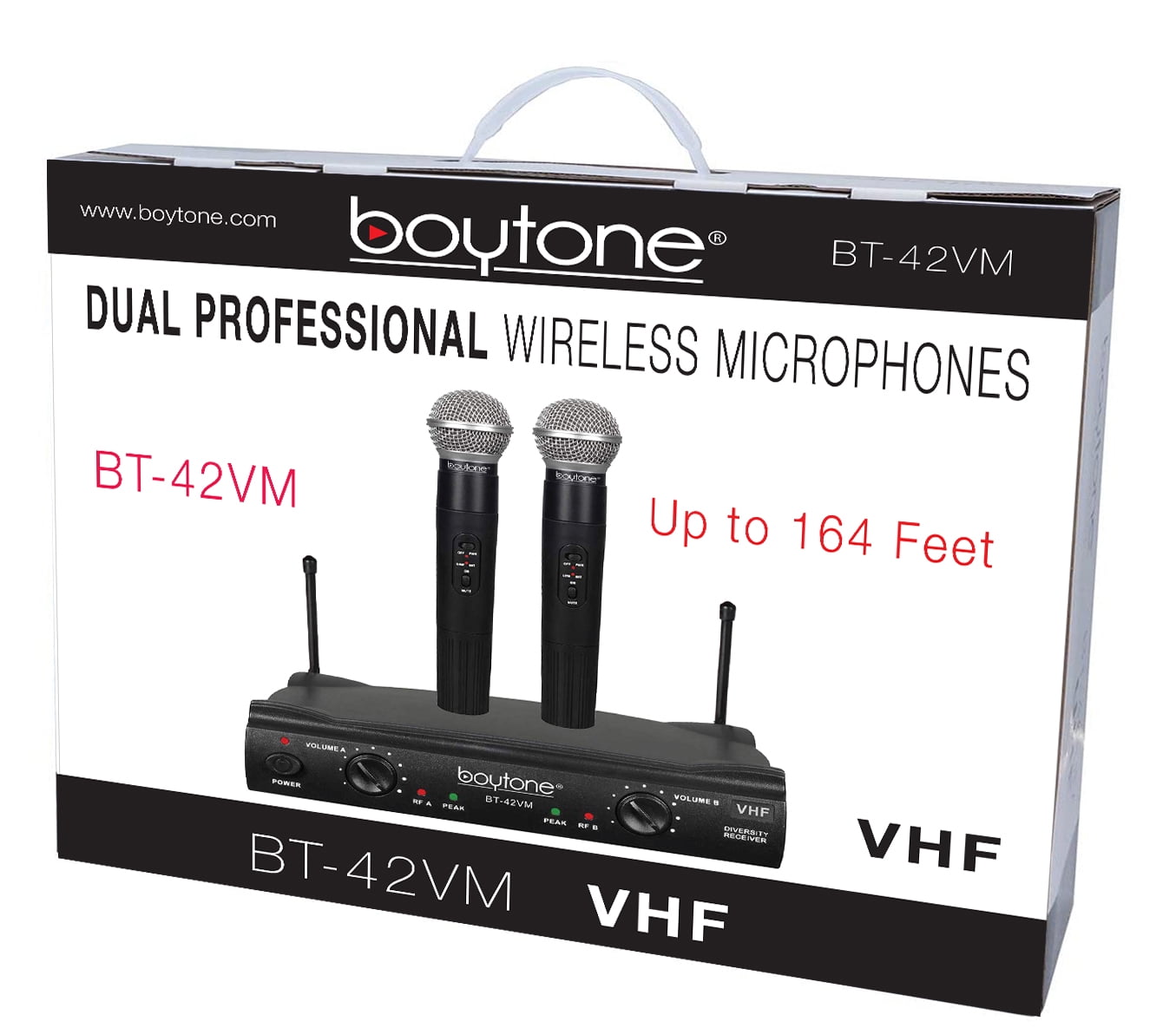 Boytone BT-42VM Dual Channel Wireless Microphone System - VHF Fixed Dual Frequency Wireless Mic Receiver, 2 Handheld Dynamic Transmitter Mics, for Karaoke, DJ, Church, Conference, Carrying Cases