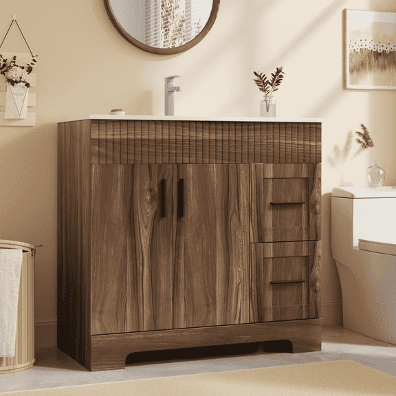 Richryce 36 Inch Bathroom Vanity with Ceramic Sink, Wooden Bathroom Sink Vanity with a Door & 2 Drawers, Freestanding Bathroom Sink Cabinet (Walnut)