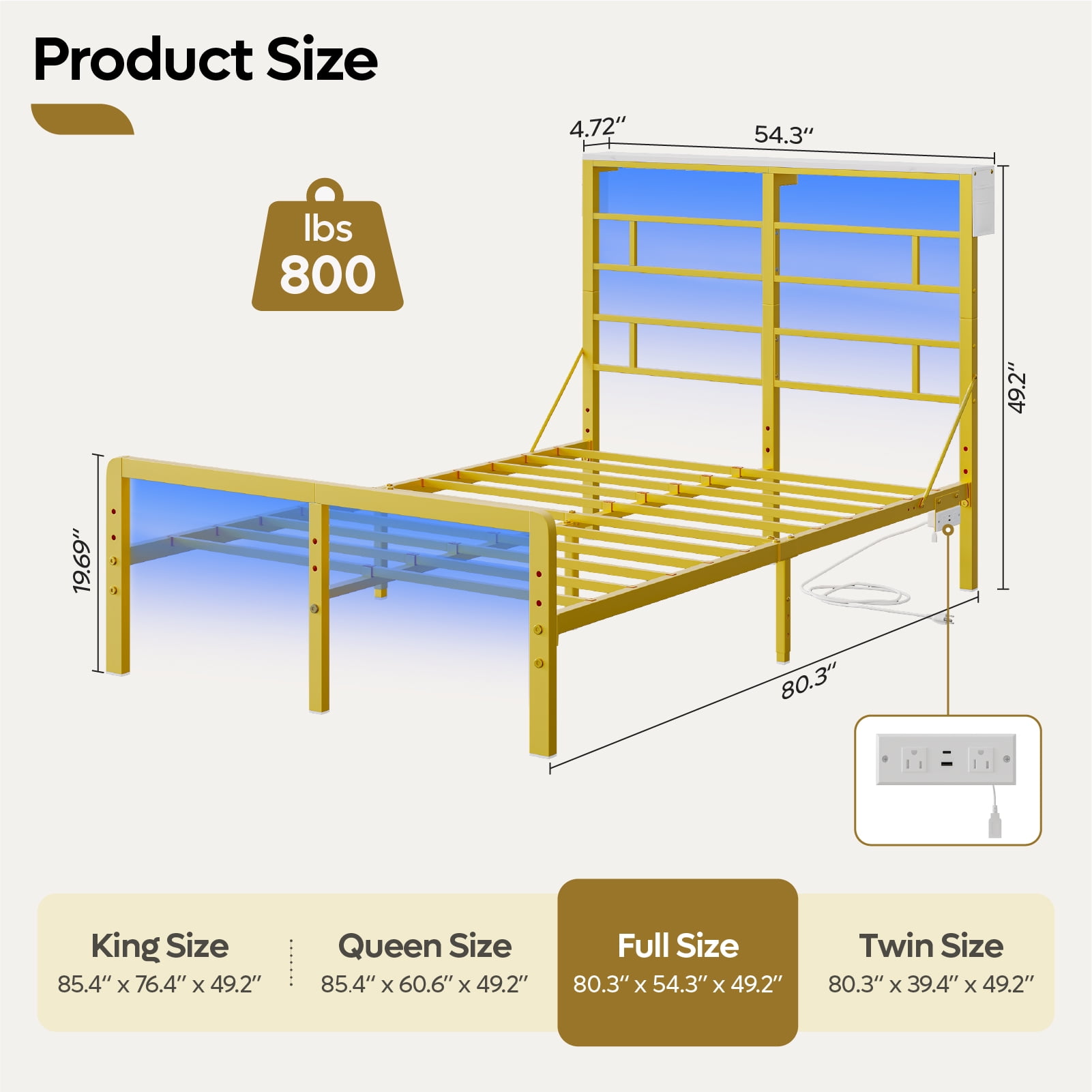 Bestier Full Size Bed Frame with LED Headboard & Charging Station, Metal Platform Bed with 15.7'' Large Under Bed Storage, Gold