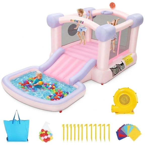 Adnoom Pink Bounce House, Inflatable Bounce Castle for Kids 3-10, Children's Indoor/Outdoor Jumping House with 470W Blower, Wide Slide, Ball pit, 50 Ocean Balls, Dart Game for Backyard Party Birthday