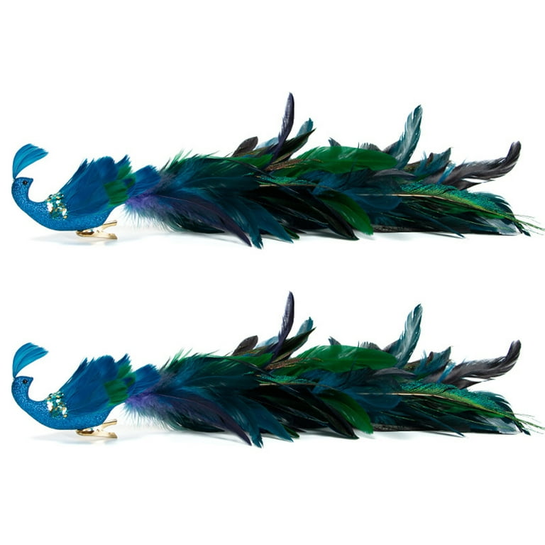 Gaiseeis Christmas Decorations Faux Peacock Ornaments,Glitter Blue Peacock  Ornaments With Tail Feather Clip-On Decor Set For Christmas Tree